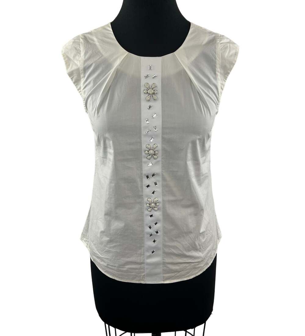 H&M White Crystal Beaded Floral Design Front Detail Blouse Top Size 4 S Small